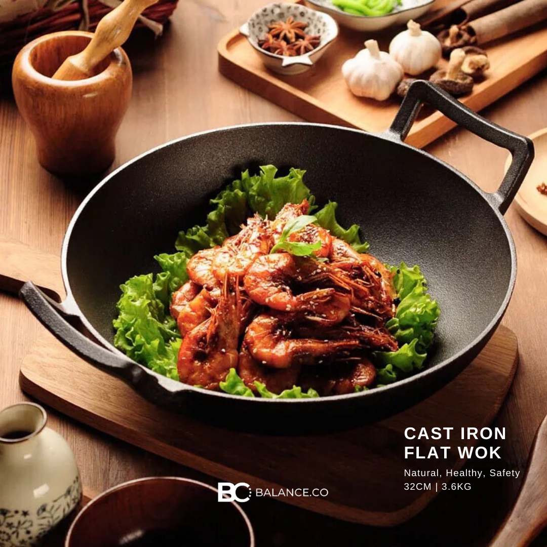 Balance.co Pre-seasoned Pure Cast Iron Flat Bottom Wok with Wooden Lid ...