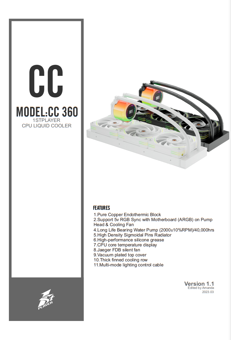 1st Player CC360 CPU 240mm All-in-One AIO Liquid Cooler ARGB LED Black ...