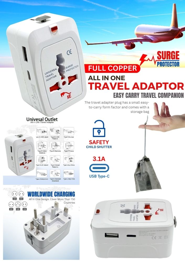 Universal Travel Adapter 3.1A Type-C Port All in One Plug Adapter with ...