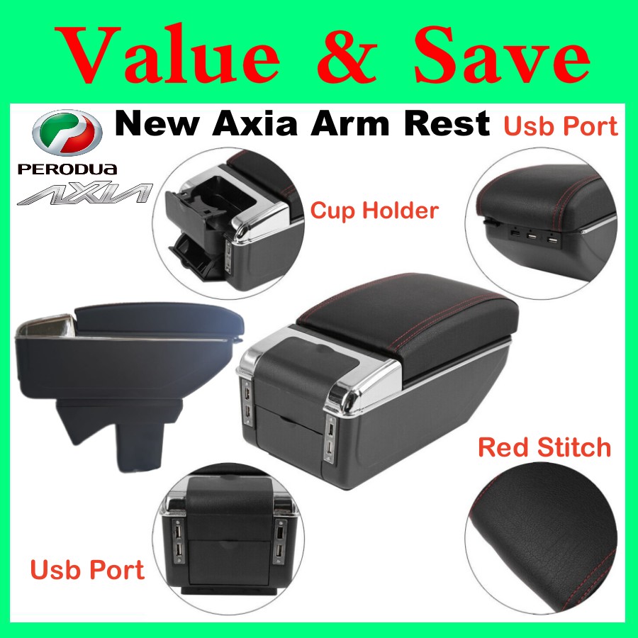 Perodua Axia 2023 New Arm Rest Armrest Black Leather Cup Holder Black Red Stitch USB console box