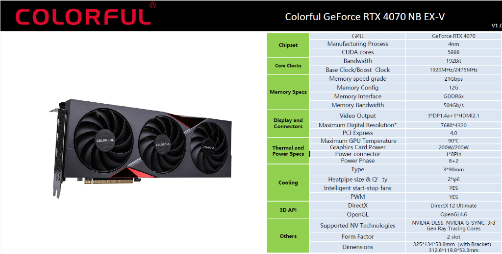 COLORFUL GAMING GEFORCE RTX4070 NB EX-V 12GB GDDR6X 192BIT GRAPHICS ...