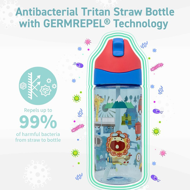 Marcus & Marcus Antibacterial Tritan Straw Bottle (400ml/13.5oz) Germ ...
