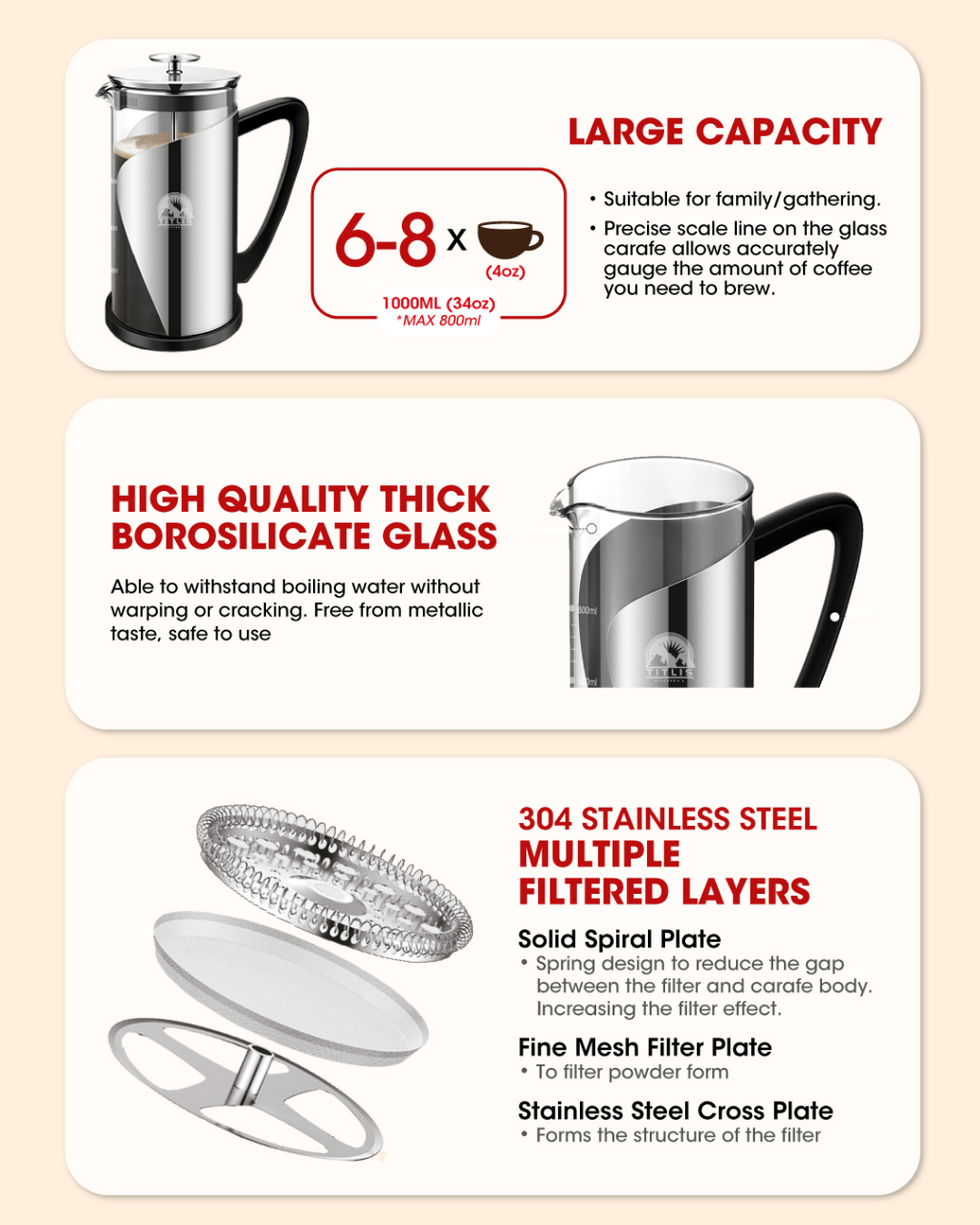 Titlis French Press Coffee Maker Borosilicate glass Coffee Plunge Tea ...