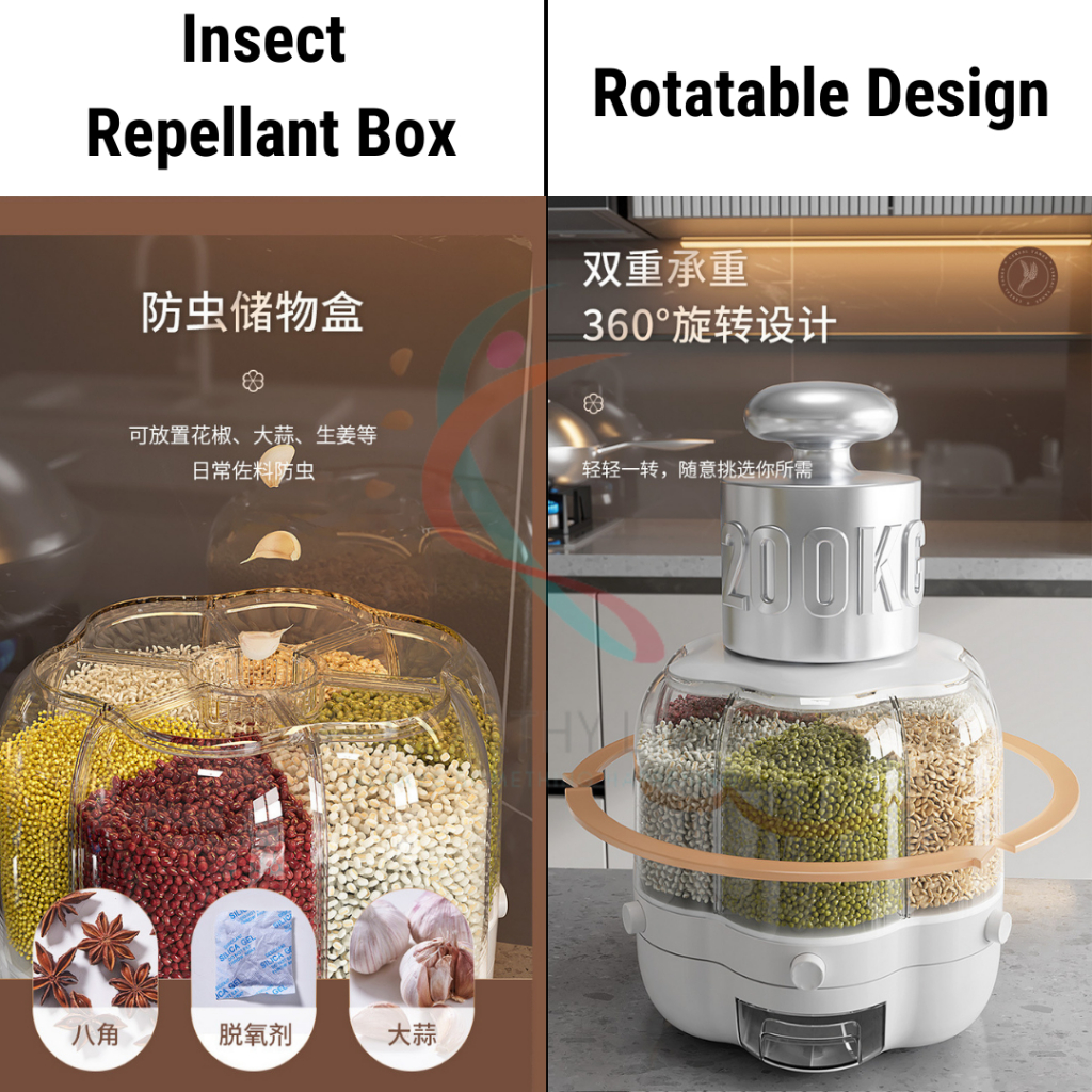 【READY STOCK】6 Grid Rotating Rice Dispenser Rice Storage Bucket Rice ...