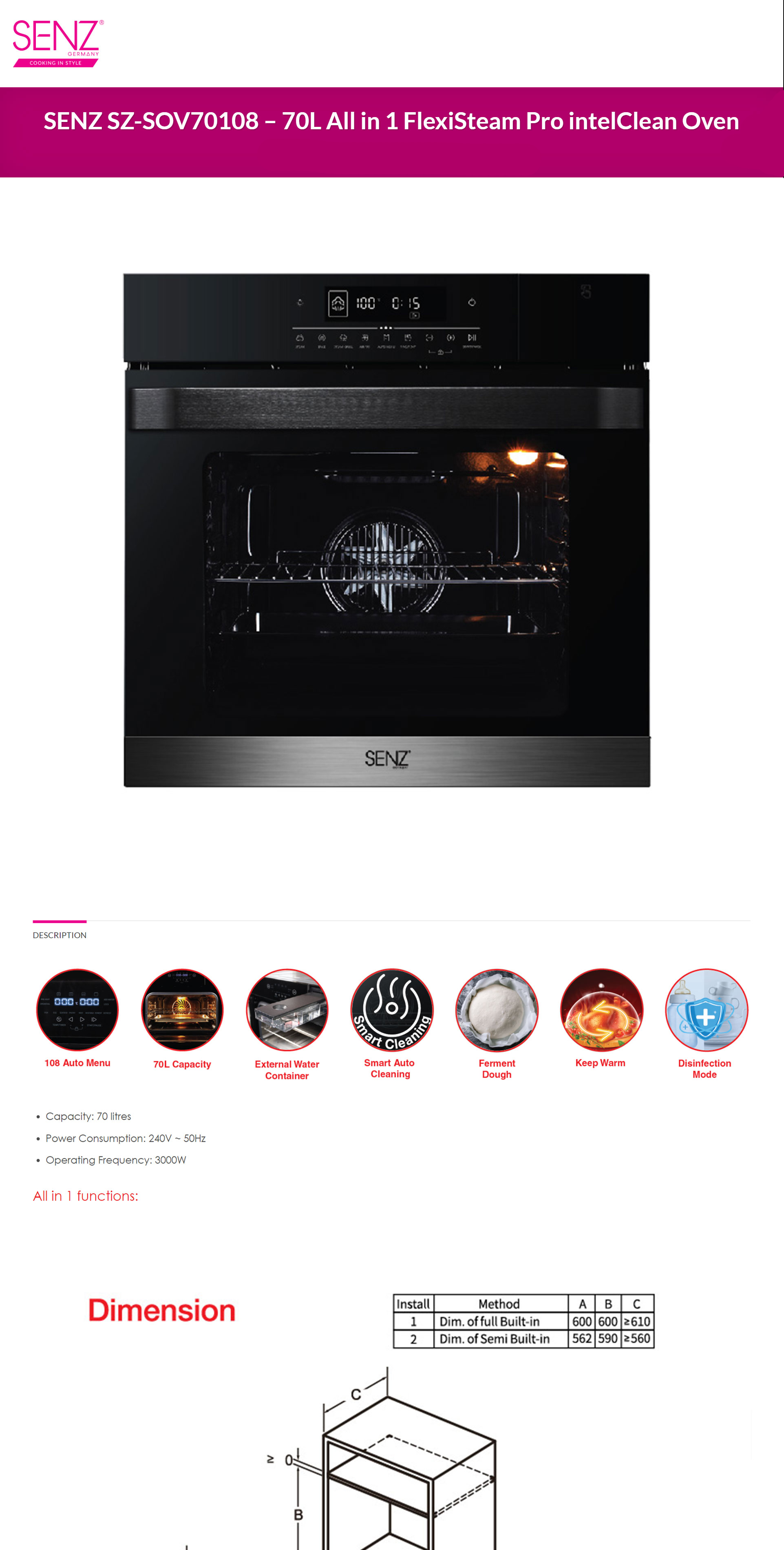 SENZ Buildin Oven (70L/3kW) 108 Menu AIO FlexiSteam Pro intelClean