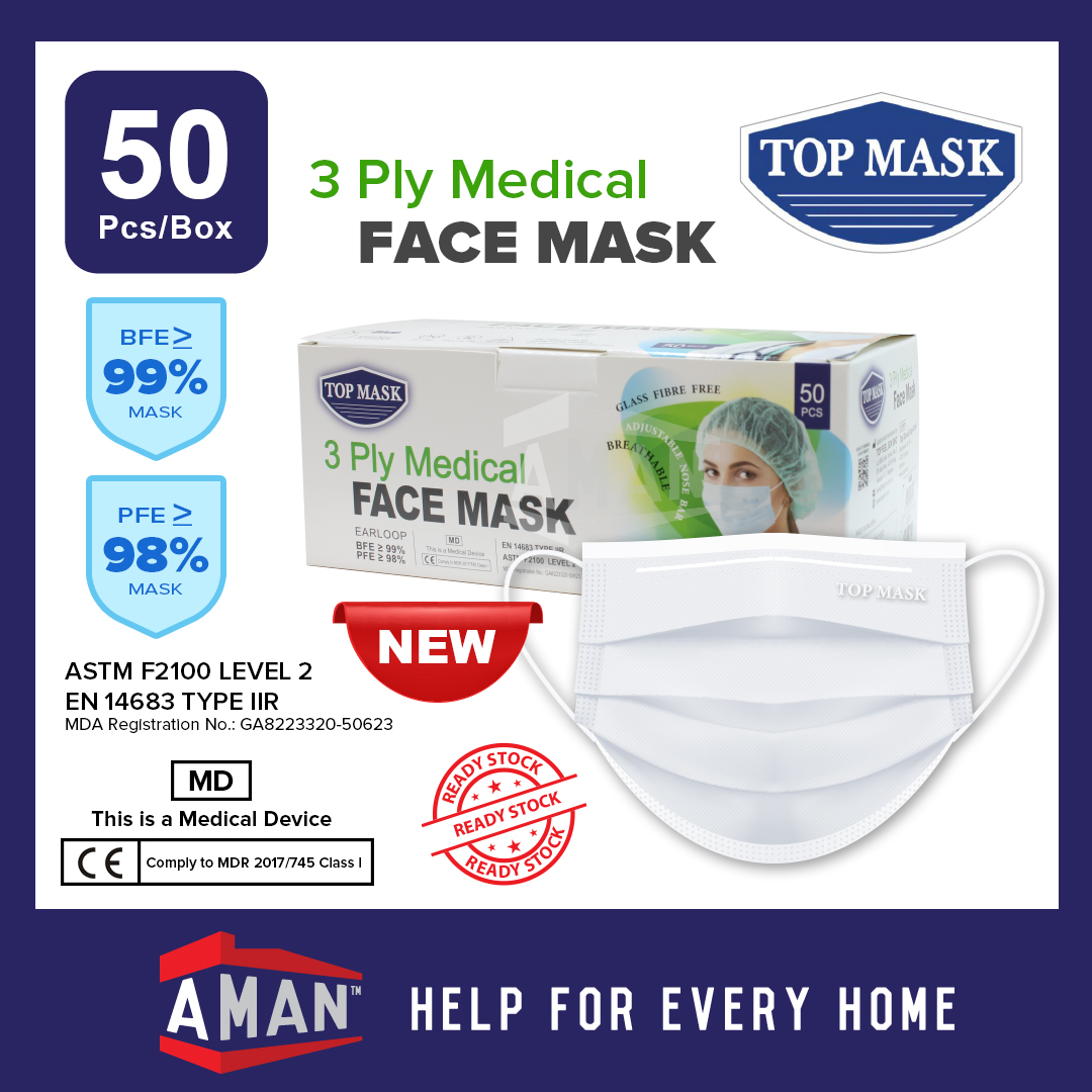 Top Mask 3 Ply Disposable Medical Mask BFE 99% 50 Pcs | Shopee Malaysia