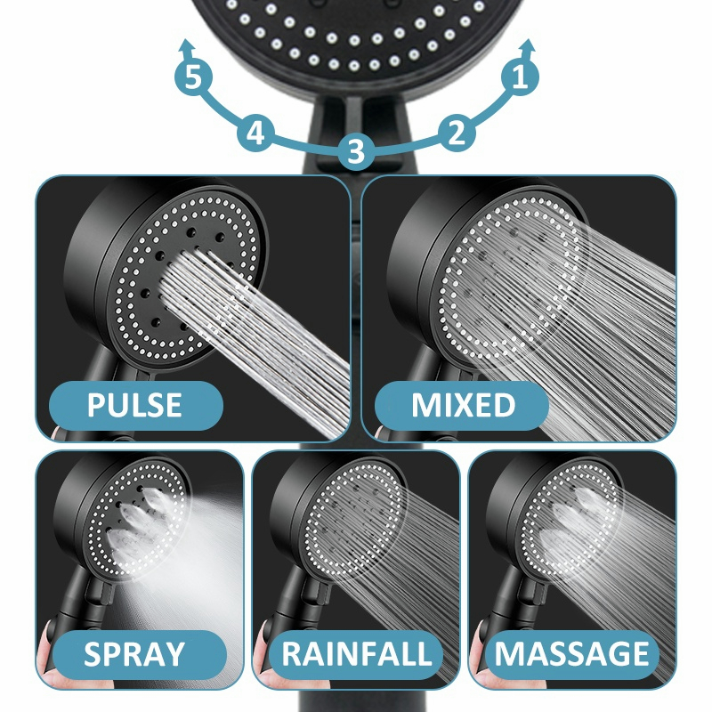 5 Mode Adjustable Shower Head High Pressure Water Saving Bathroom Spray ...