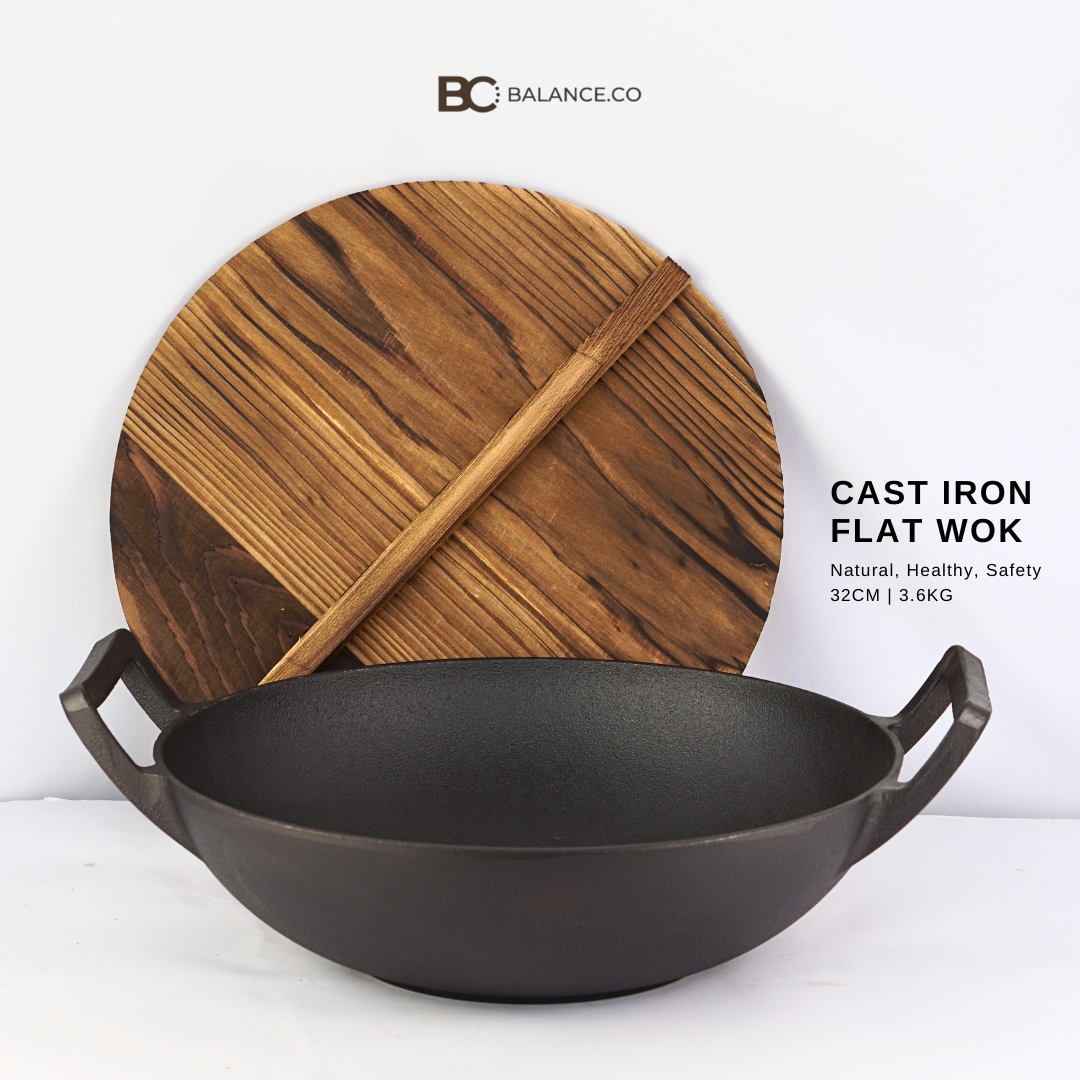 Balance.co Pre-seasoned Pure Cast Iron Flat Bottom Wok with Wooden Lid ...