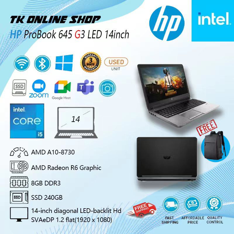 HP Laptop ProBook 645 G3 AMD A10 8730 RAM 8GB SSD 256 GB LED