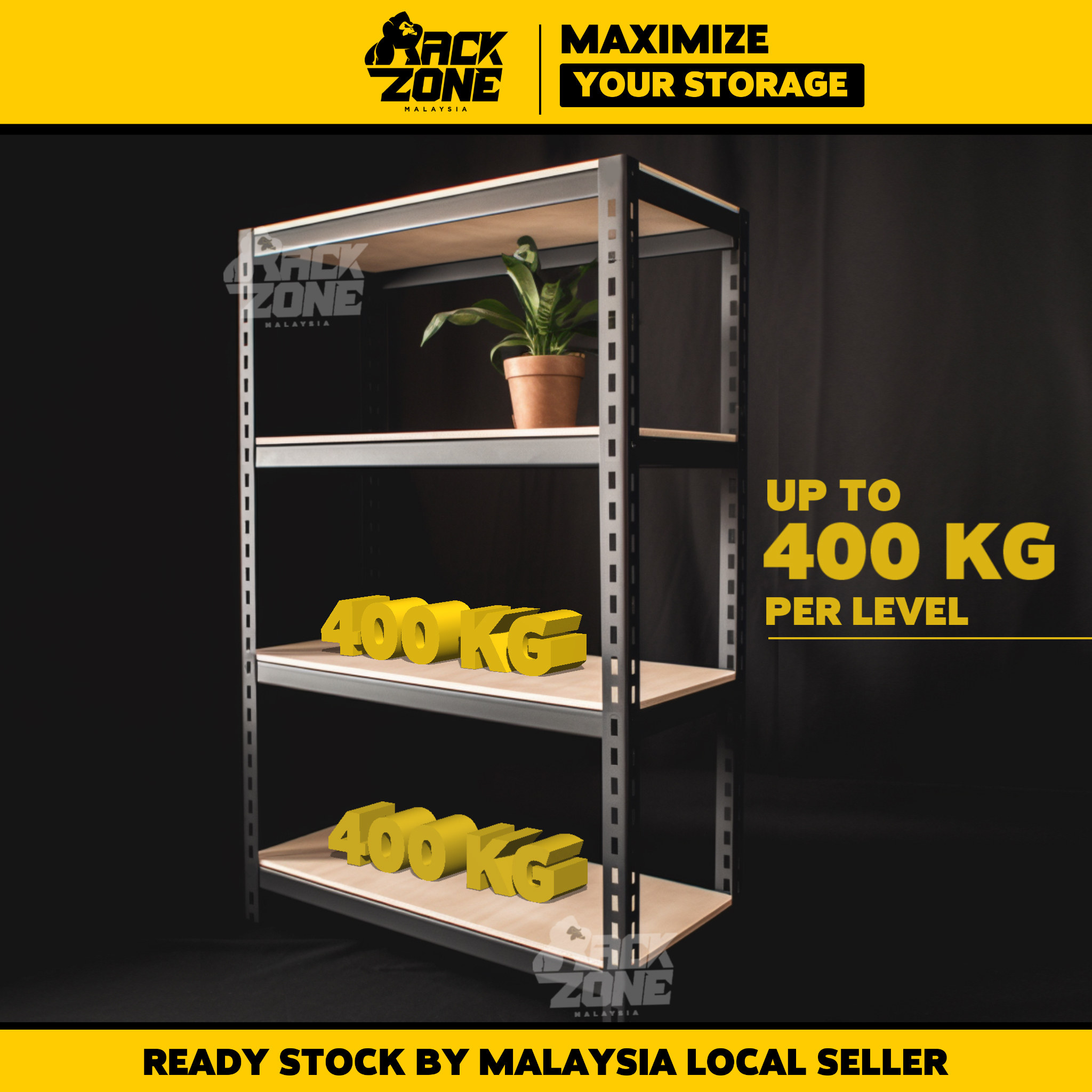 RACKZONE Black 4 Tier Rak Boltless Rack Heavy Duty Rak Besi Bertingkat Rak Dapur Kitchen Rack