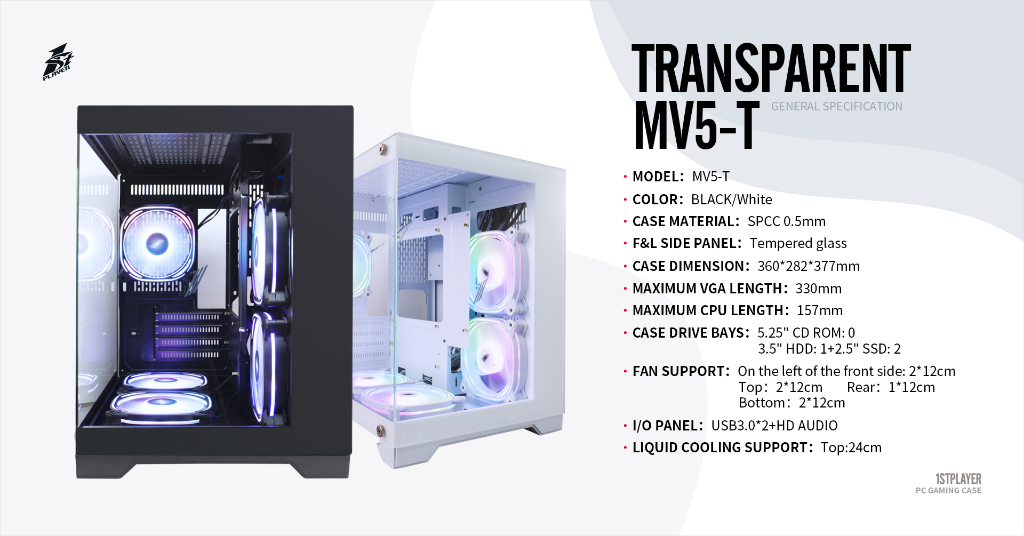 1ST PLAYER Megaview MV5-TRANSPARENT M-ATX Case - Black/White (3 ARGB ...