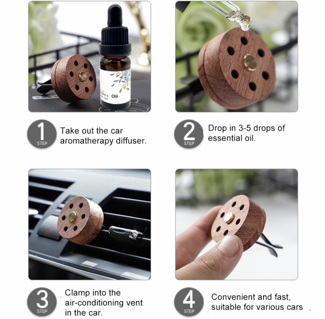 Essential Oil Wood Diffuser For Car with Vent Clip , Lava Stone ...
