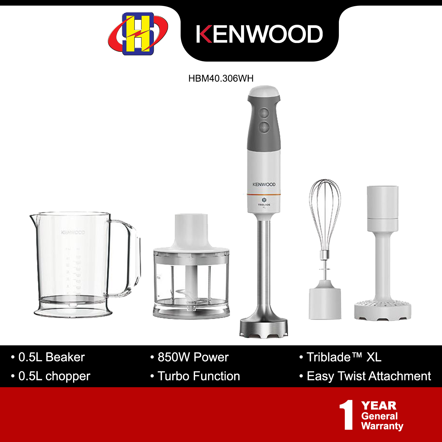 Kenwood Triblade XL Hand Blender HBM40.306WH 850W