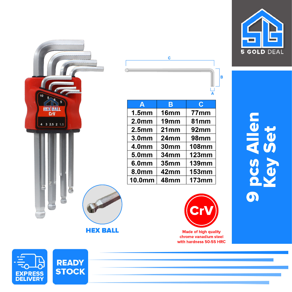 9pcs Ball Point Hex Allen Key Set Wrench Tools Set Matte Chrome CRV Hex ...