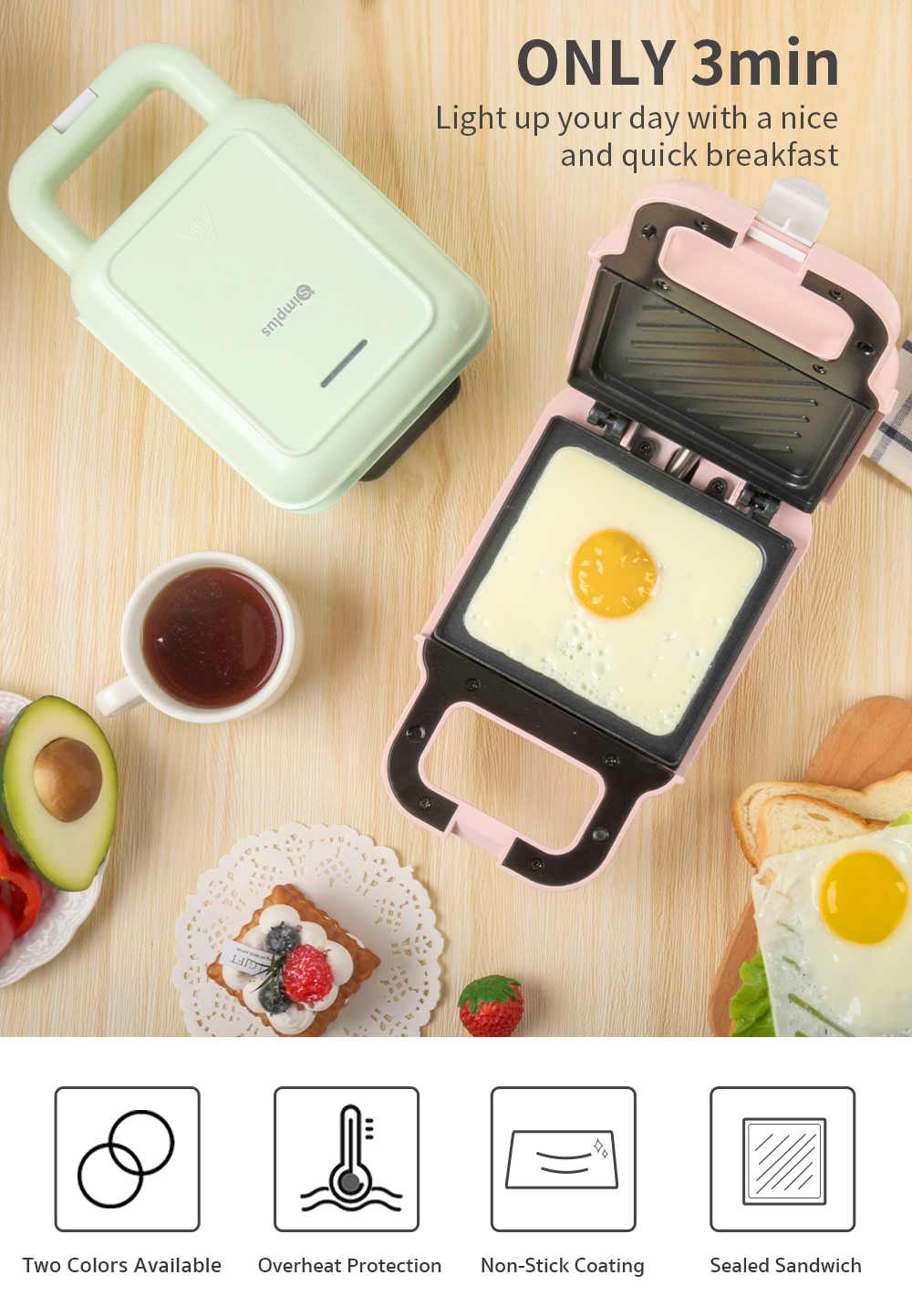 Simplus Sandwich Maker Breakfast Toast Maker 650W Overheat Protection