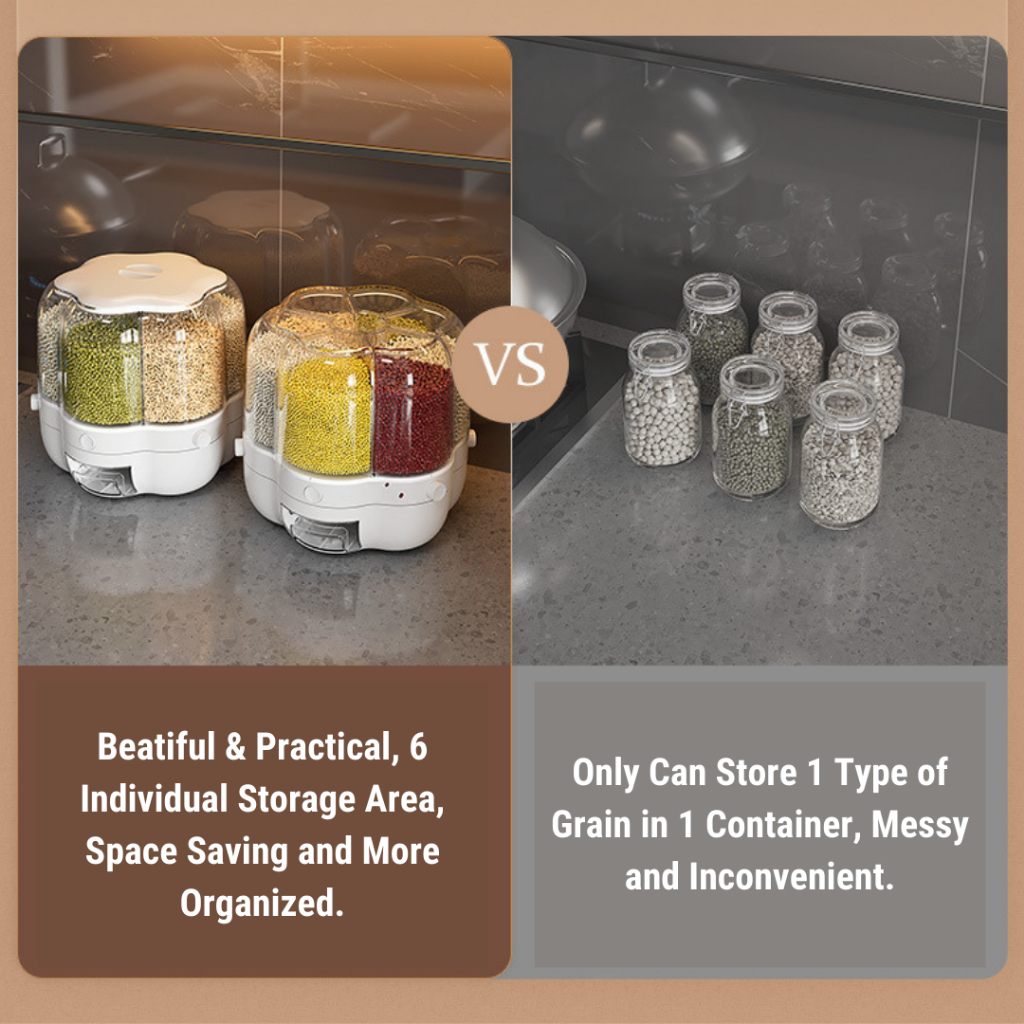 【READY STOCK】6 Grid Rotating Rice Dispenser Rice Storage Bucket Rice ...