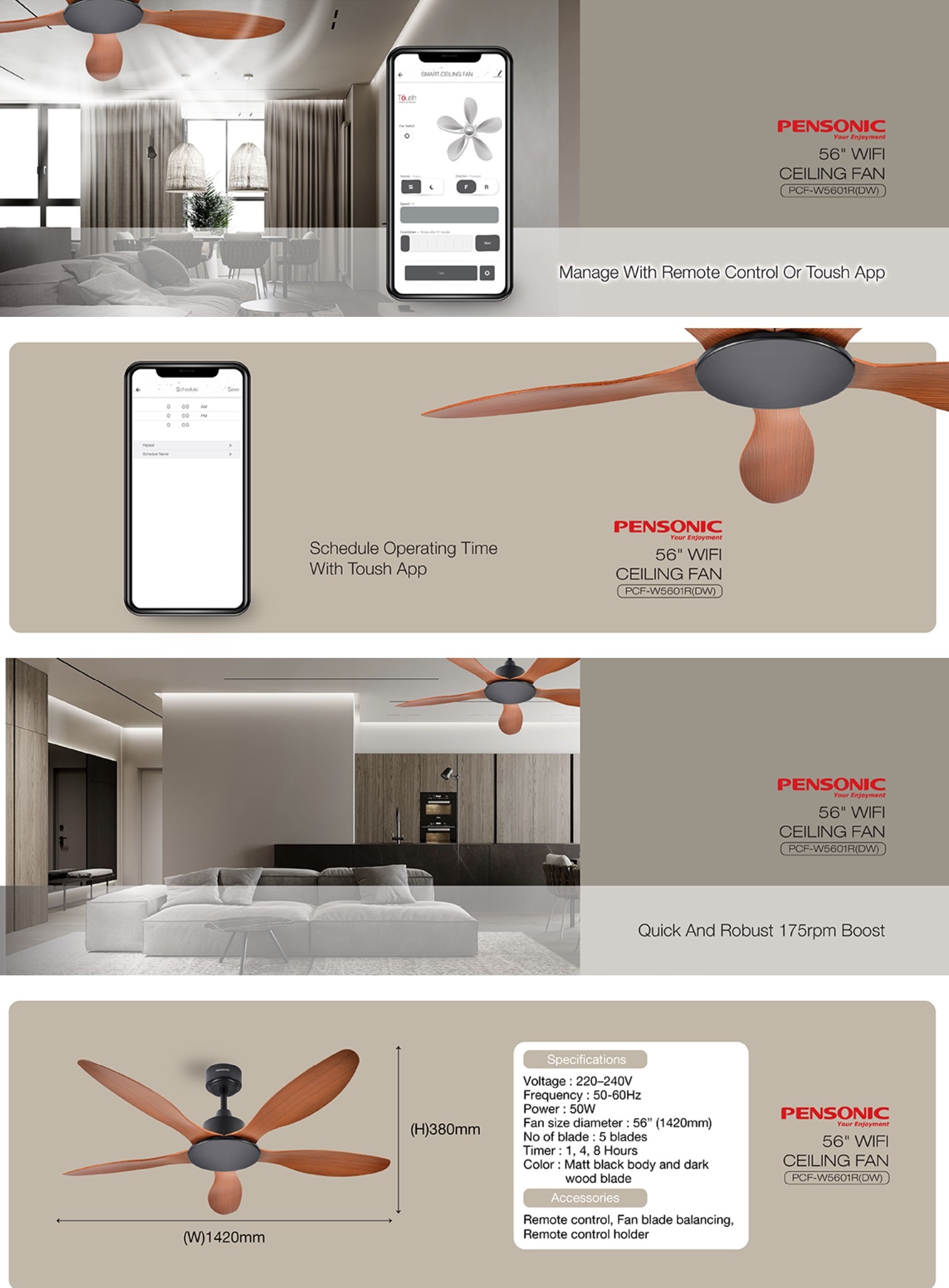 Pensonic 56" Wifi 5Blade Smart DC Ceiling Fan PCFW5601R PCF5601R