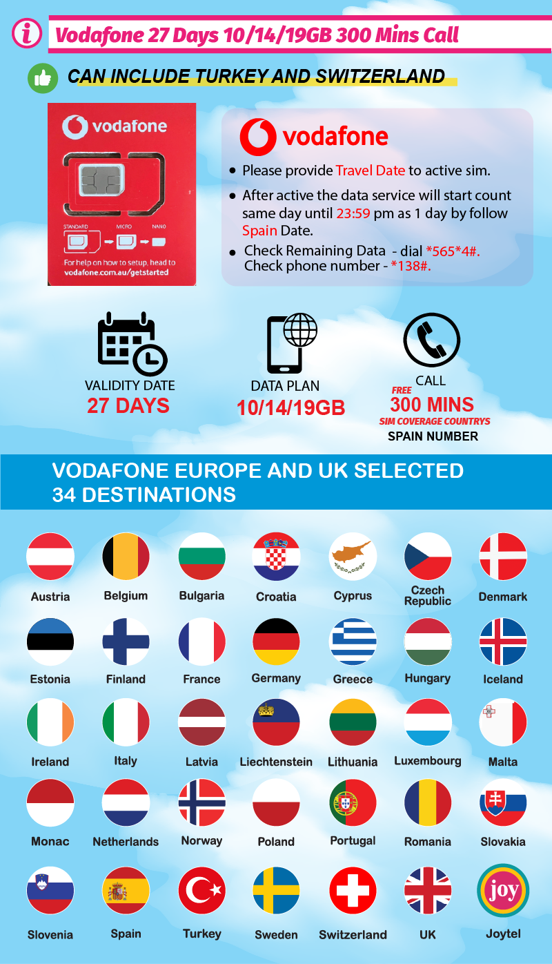 Jtravel 【UK】【Switzerland】【Europe】【Global】10 30Days Vodafone Three
