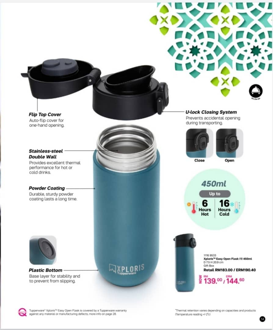 Tupperware Xploris Easy Open Flask 450ML: Air tahan panas dan tahan ...