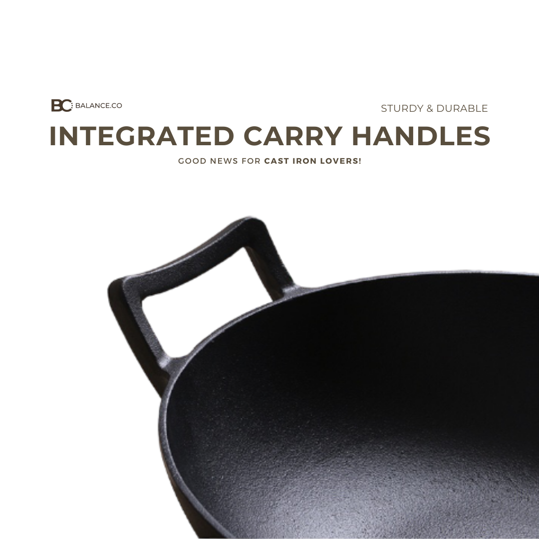 Balance.co Pre-seasoned Pure Cast Iron Flat Bottom Wok with Wooden Lid ...