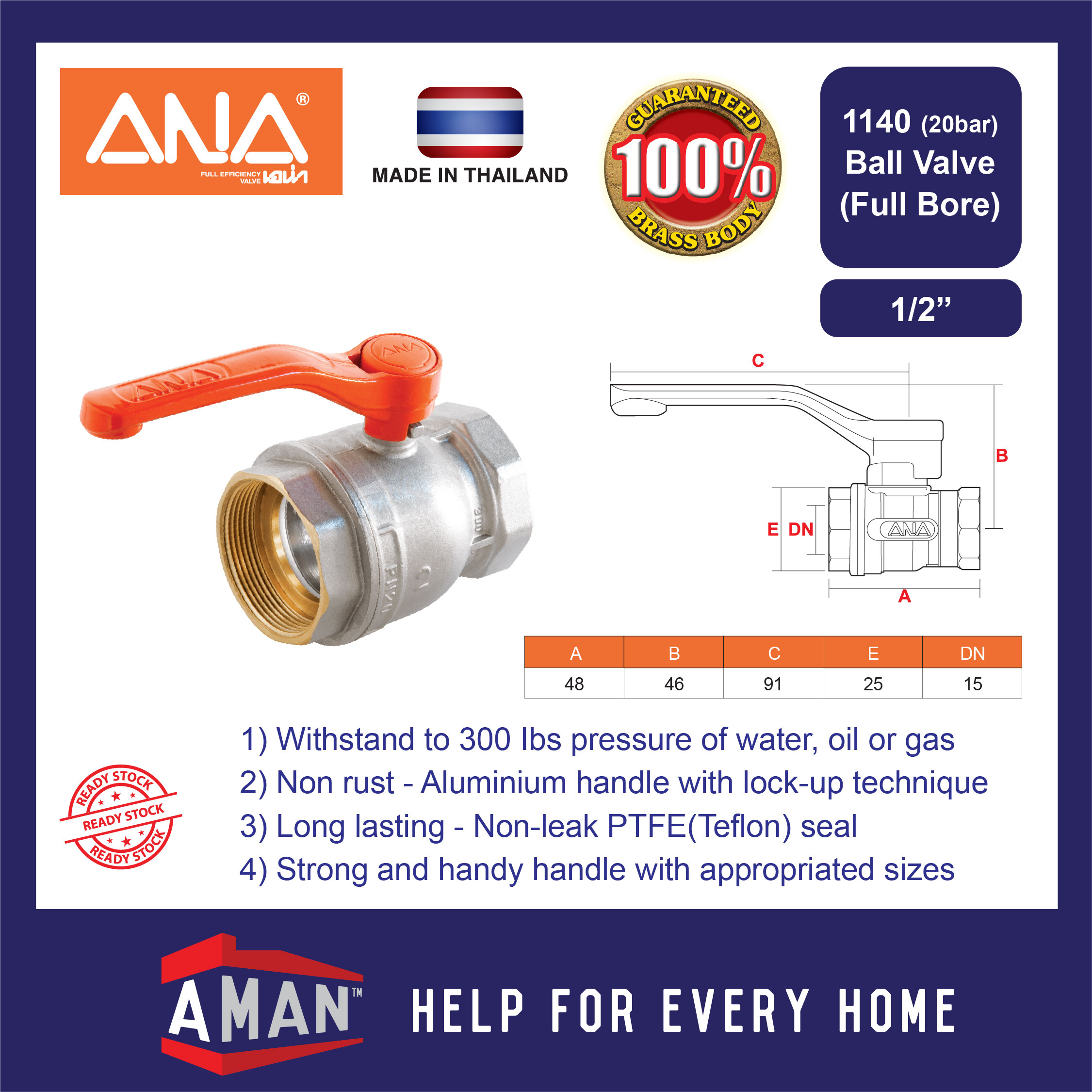 ANA Full Bore Valve Gear Handle Brass Ball Valve Water Pipe Fitting ...