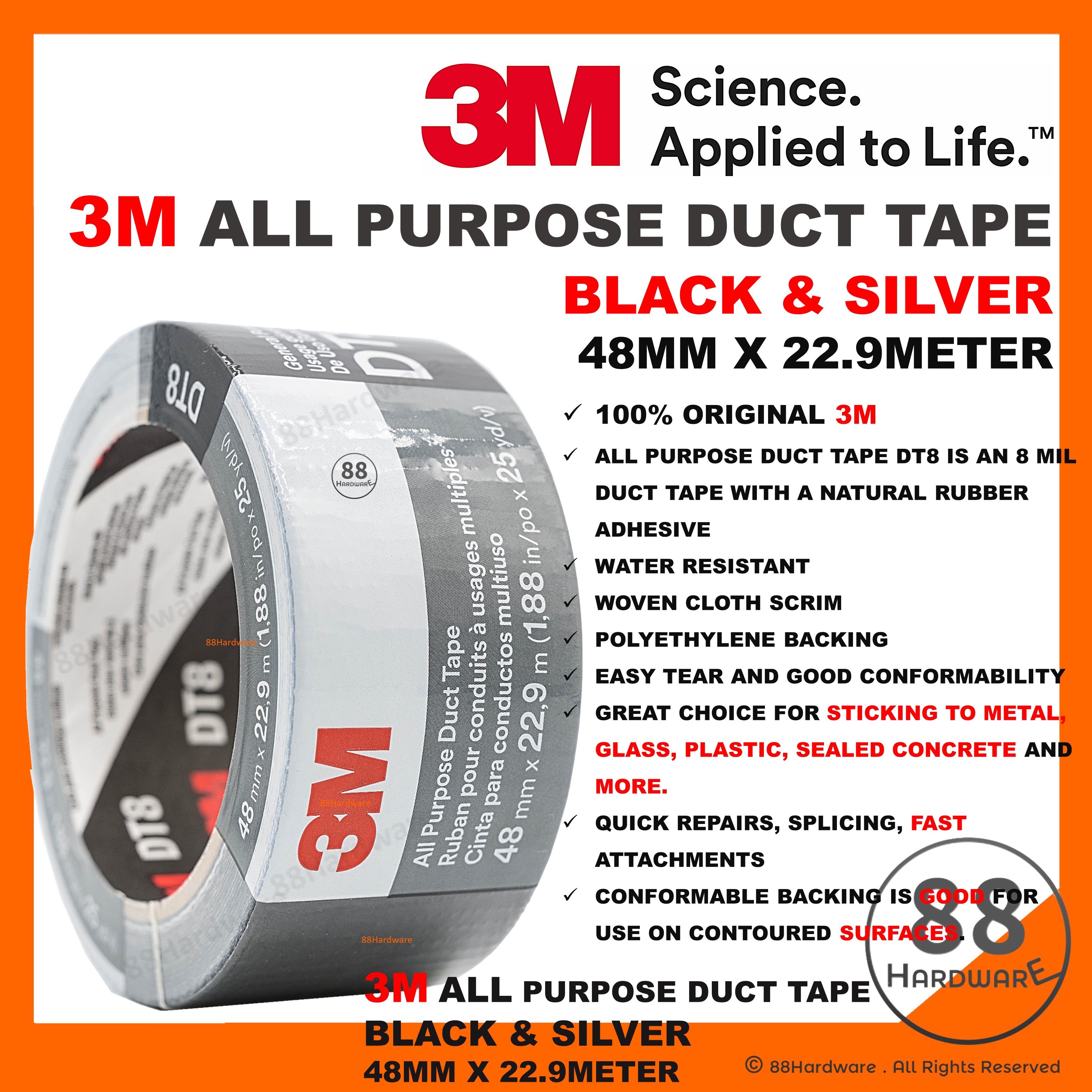 100% Original 3M ALL PURPOSE DUCT TAPE DT8 (48MM X 22.9M) Black Silver