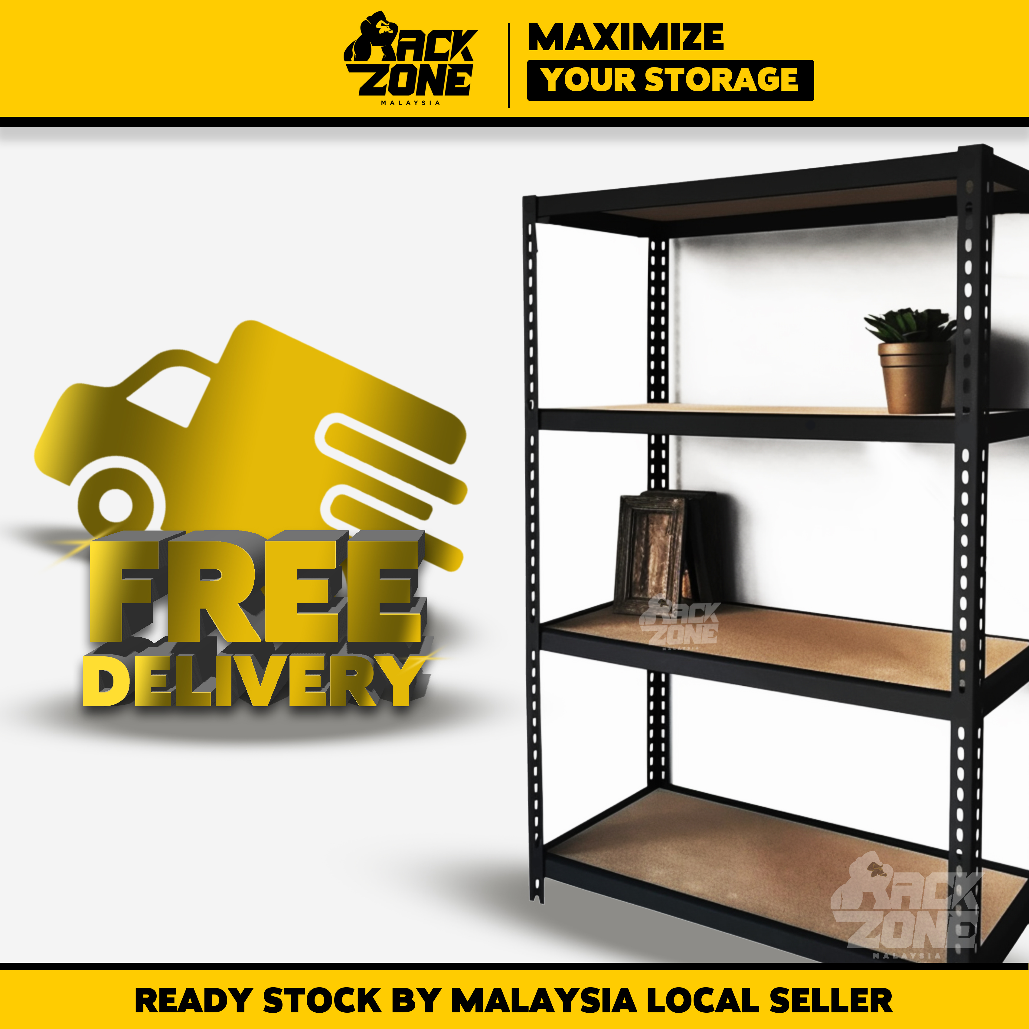 RACKZONE Black 4 Tier Rak Boltless Rack Heavy Duty Rak Besi Bertingkat Rak Dapur Kitchen Rack