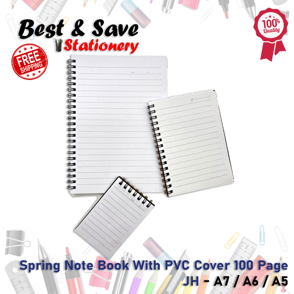 ( BEST & SAVE ) A7 / A6 / A5 100 Page Black Spring Notebook With PVC ...