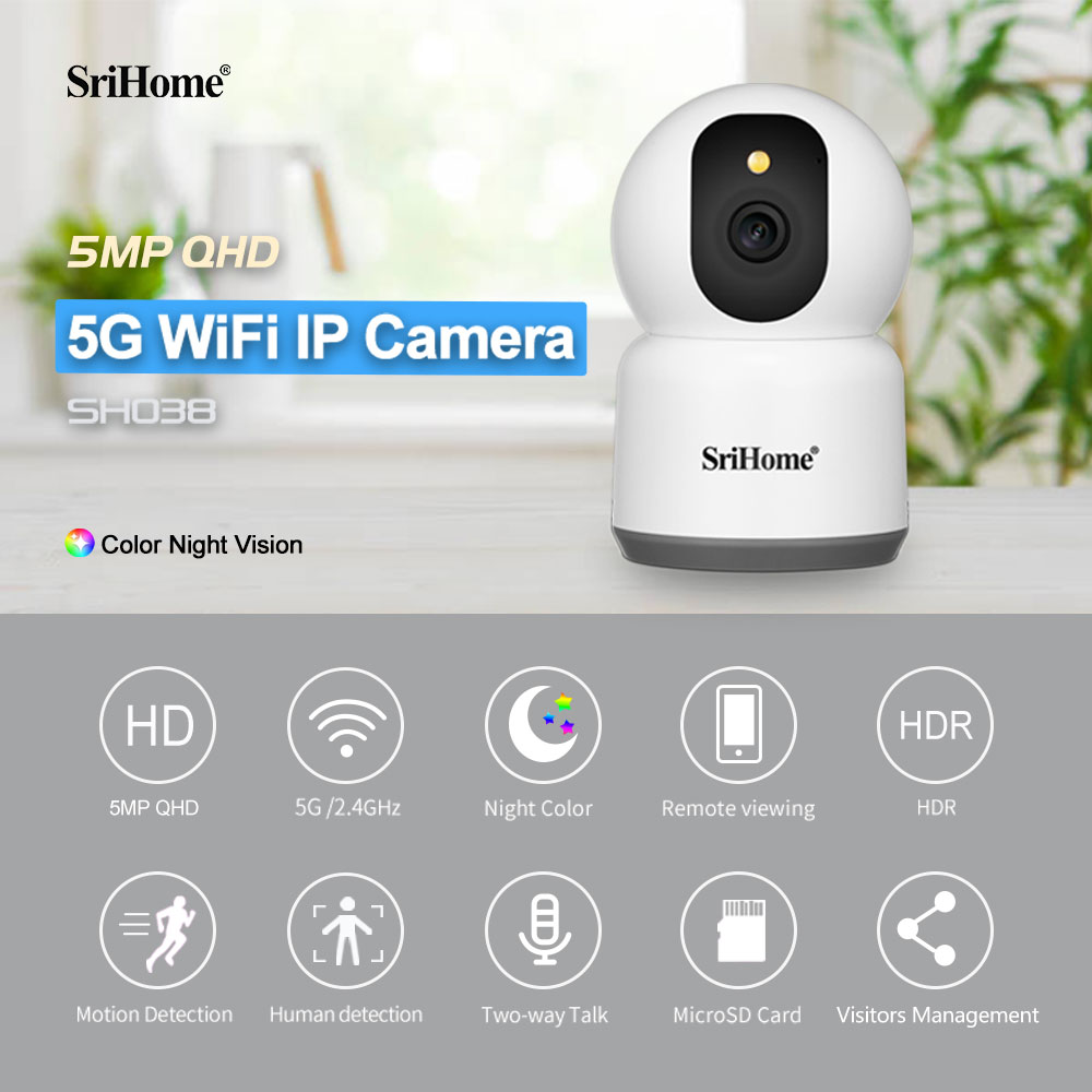 Srihome 3MP Wireless In/Outdoor Security Camera Color Night Vision PTZ