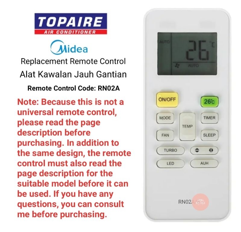 Topaire/ Midea RG52 air conditioner Replacement Remote Control RN02A ...