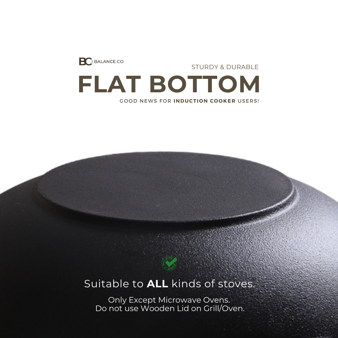 Balance.co Pre-seasoned Pure Cast Iron Flat Bottom Wok with Wooden Lid ...