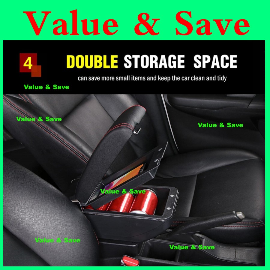 Perodua Axia 2023 New Arm Rest Armrest Black Leather Cup Holder Black Red Stitch USB console box