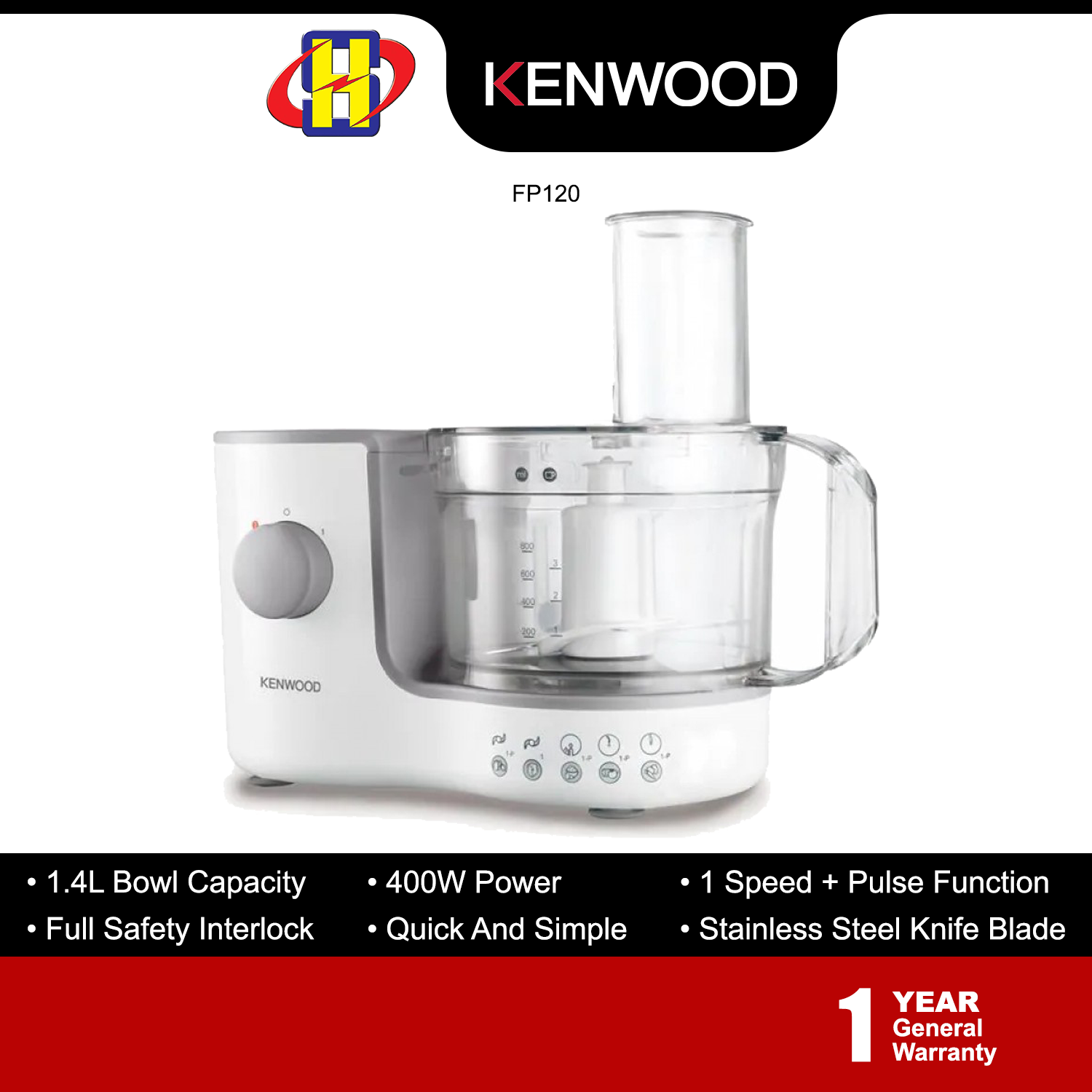 Kenwood Compact Food Processor 1.4L 400W 1 Speed With Pulse