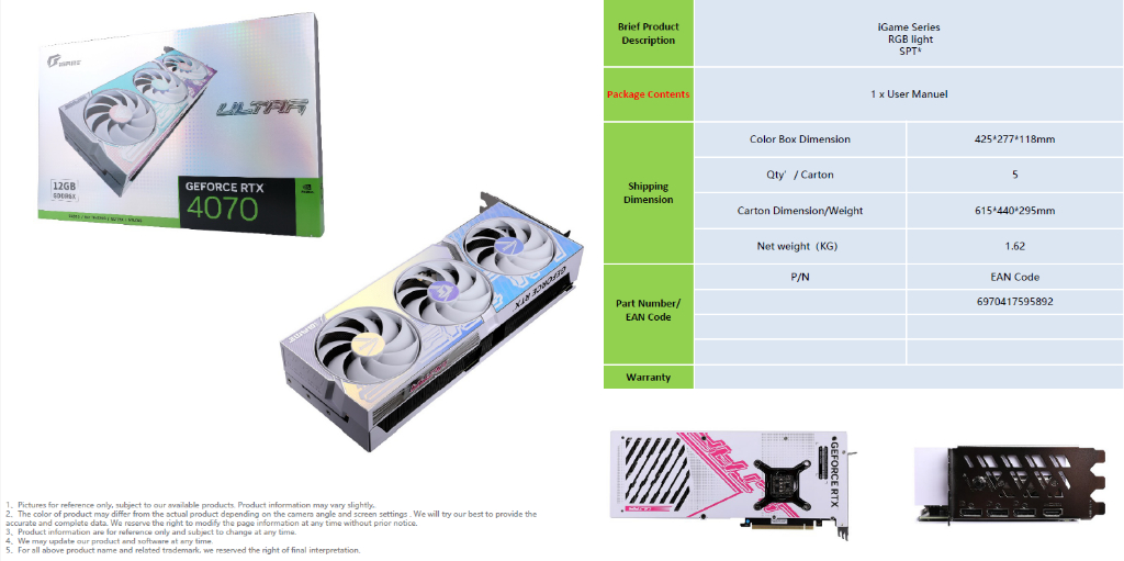 COLORFUL iGame GeForce RTX4070 Ultra W OC V2-V 12GB GDDR6X 192BIT ...