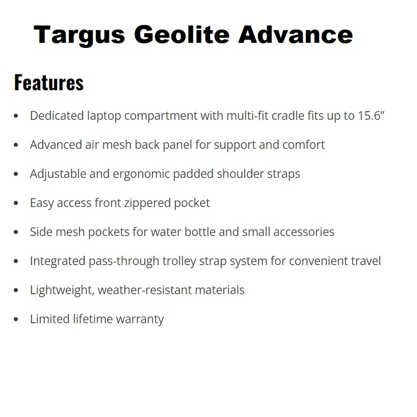 Targus 15.6” Geolite Essential / Geolite Plus/ Geolite Advance Laptop Backpack/Business Backpack