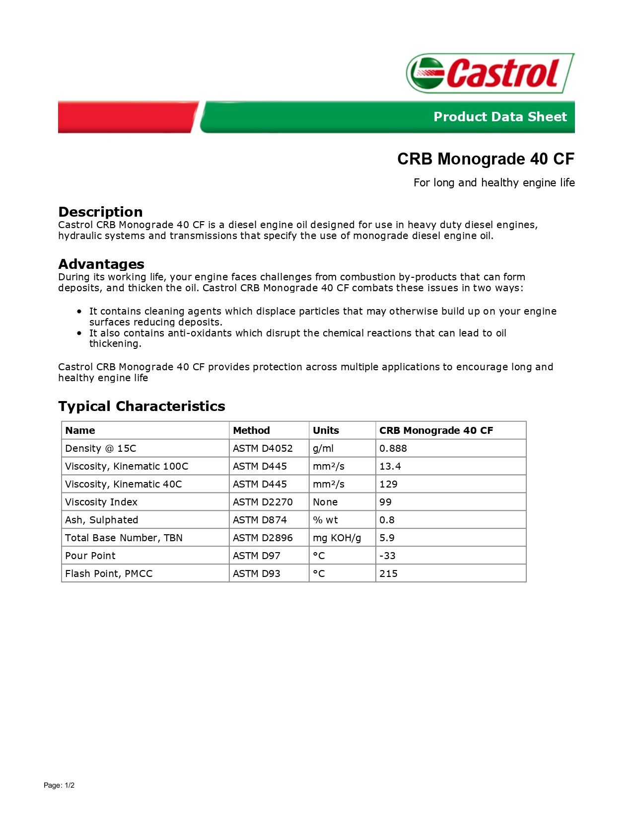 S2U Castrol Engine Oil CRB Monograde 40 CF/SF 20Liter For Diesel Enjin