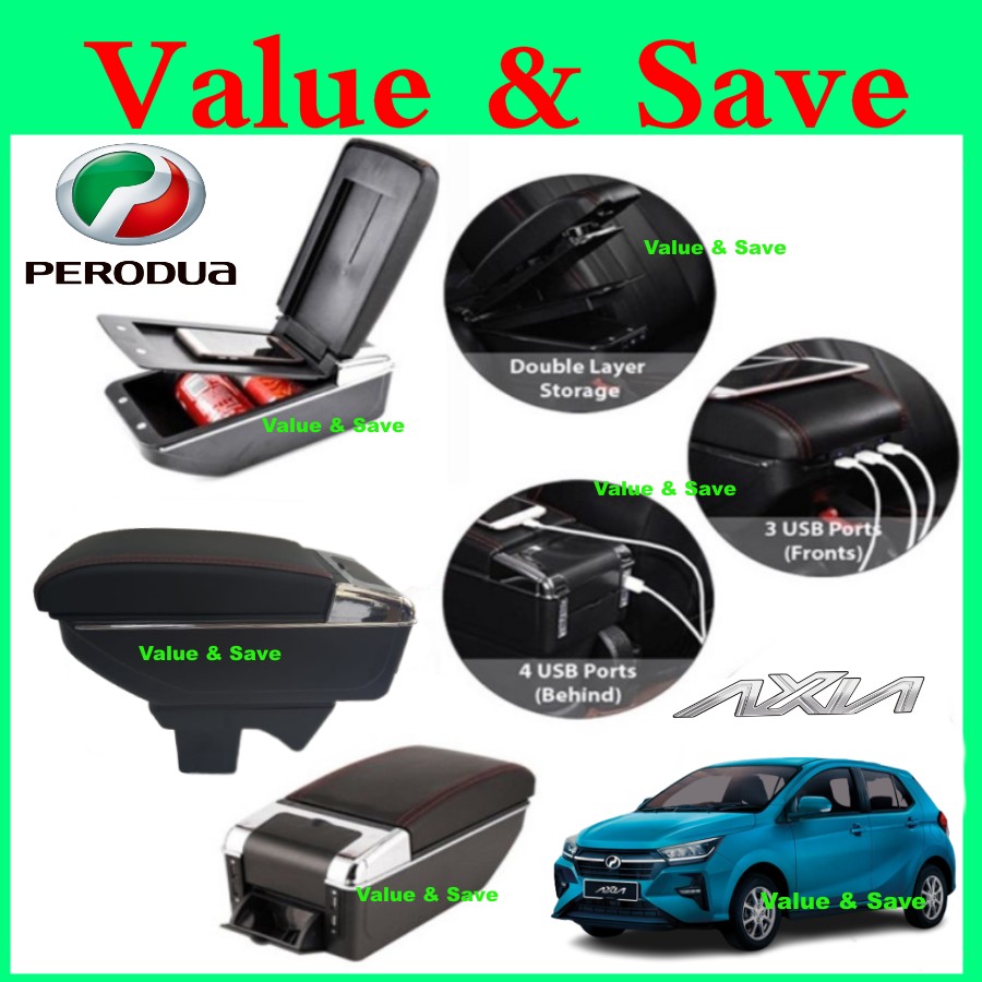 Perodua Axia 2023 New Arm Rest Armrest Black Leather Cup Holder Black Red Stitch USB console box