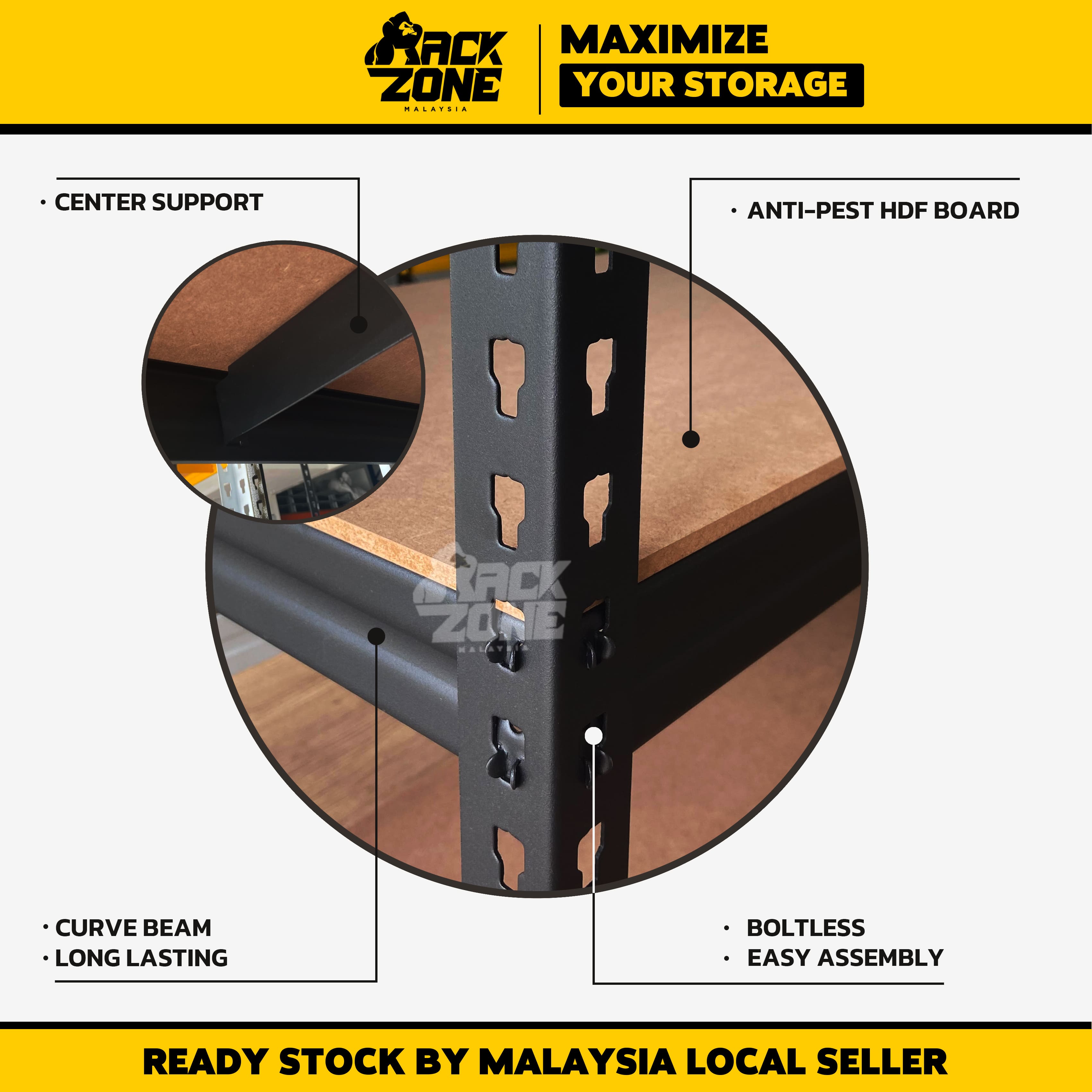 RACKZONE Black 3 Level Rak Boltless Rack Heavy Duty Rak Besi Bertingkat ...