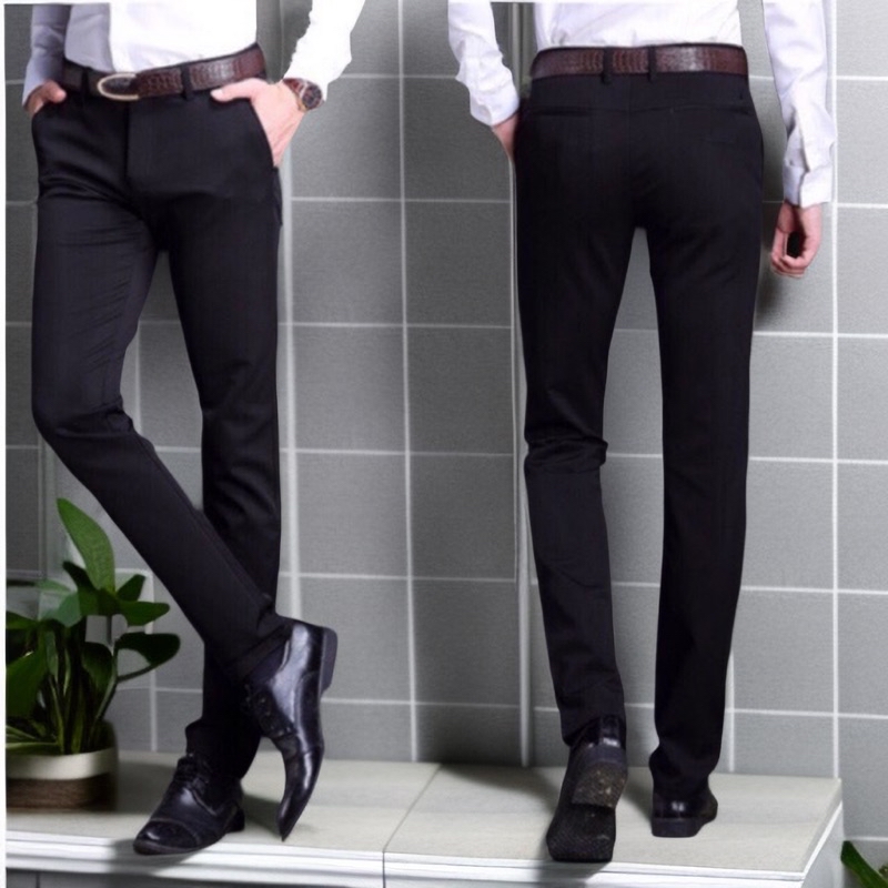 (27-60）MAN TROSERS LOW WAIST SLIM FIT ELASTIC LONG BLACK SLACKS KAIN ...