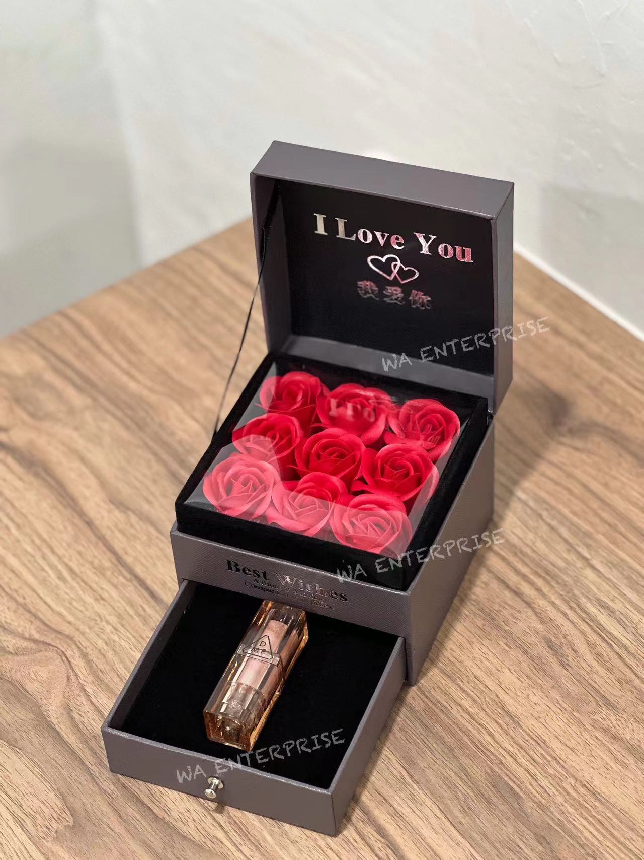 Double Layer Rose Flower Box 9 Flower with Lipstick Necklace Ring ...