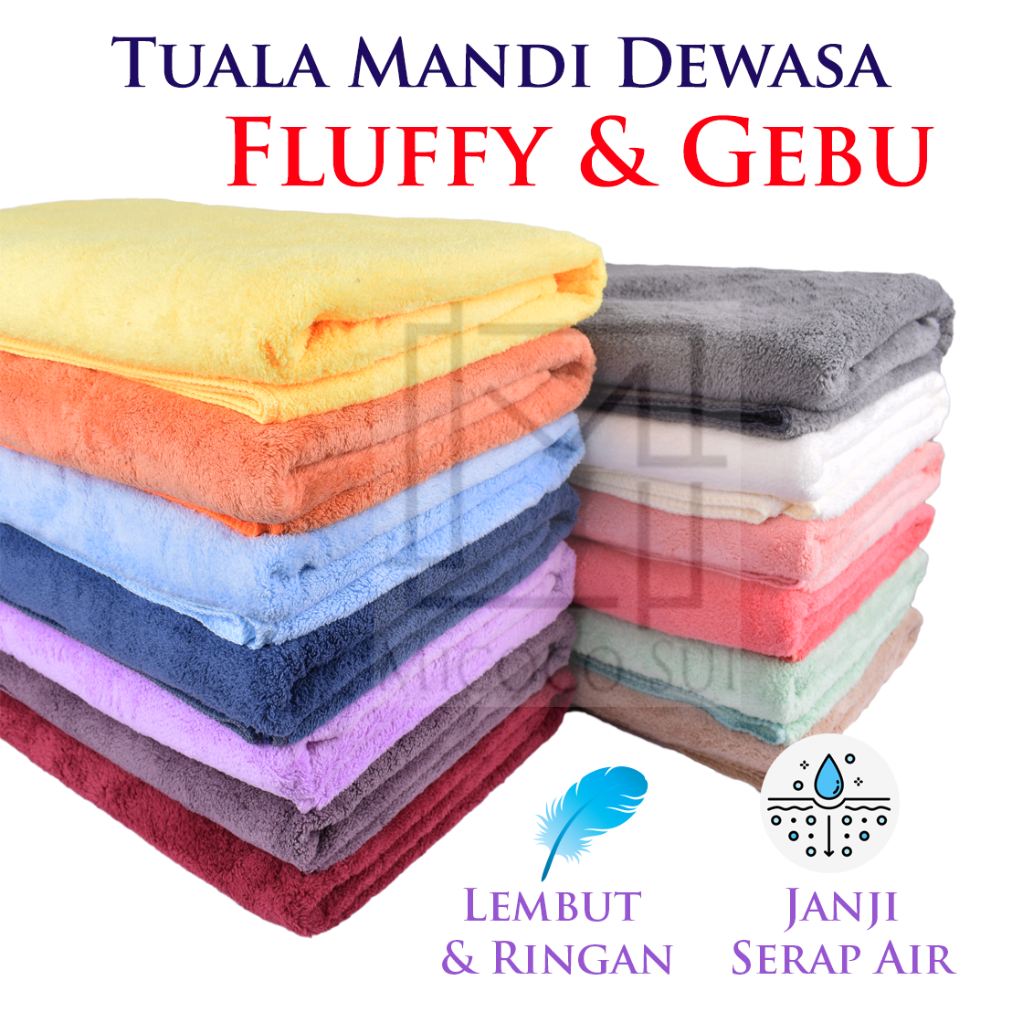 Tuala Mandi Gebu Fluffy Janji Serap Air 70cm x 40cm Ringan Light Weight ...