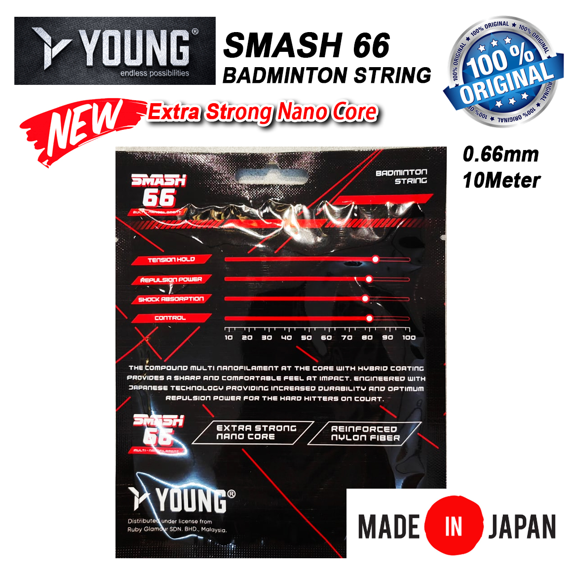 YOUNG Smash 66 Badminton String 0.66m Multi Nanofilament High Repulsion ...
