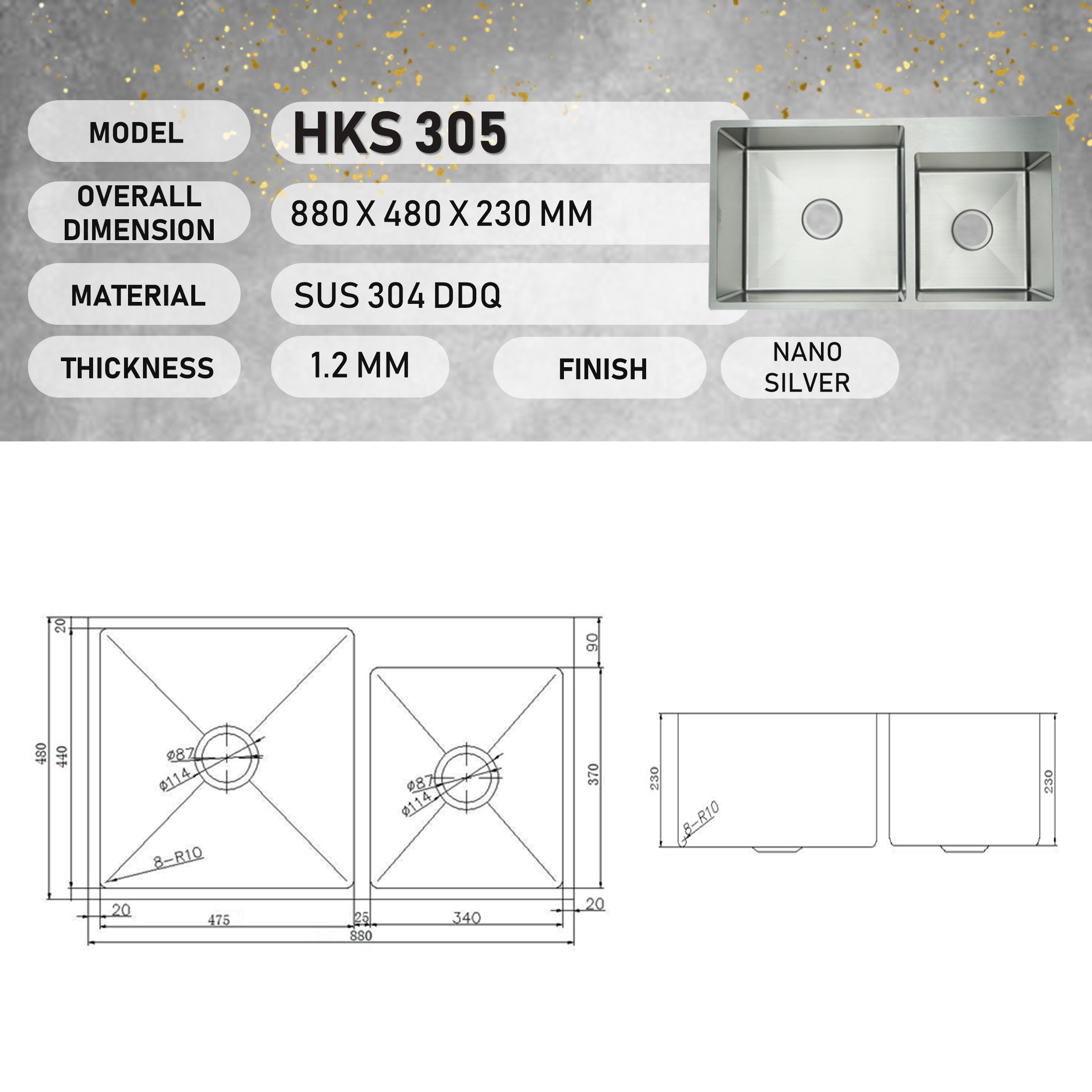 HUN NANO SUS 304 STAINLESS STEEL UNDERMOUNT KITCHEN SINK SINKI DAPUR ...