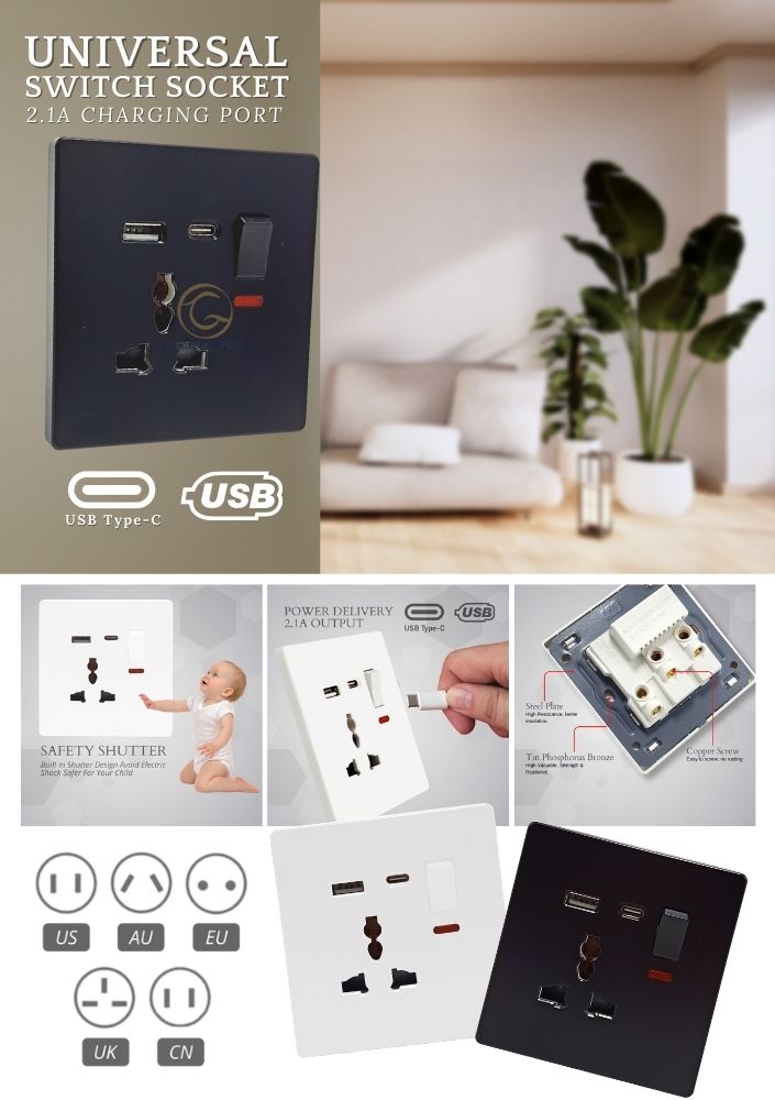 USB +TYPE C Universal Switch Socket 13A Socket Type c fast charging USB ...