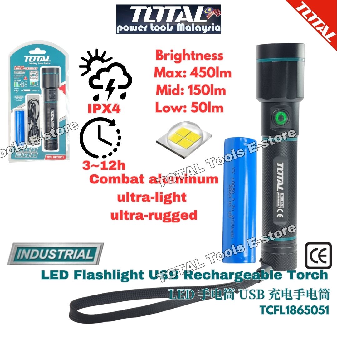 TOTAL LED Flashlight USB Rechargeable Torch (Li-ion Rechargeable ...