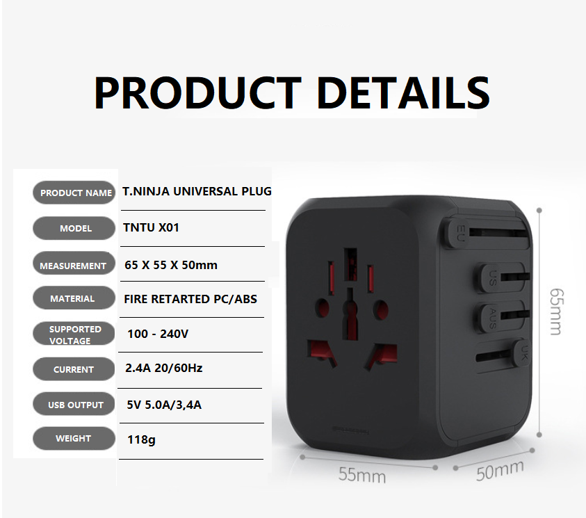 TrioNinja WORLDWIDE UNIVERSAL TRAVELER PLUG ADAPTER 6.3A 3USB PORT 5V 2 ...