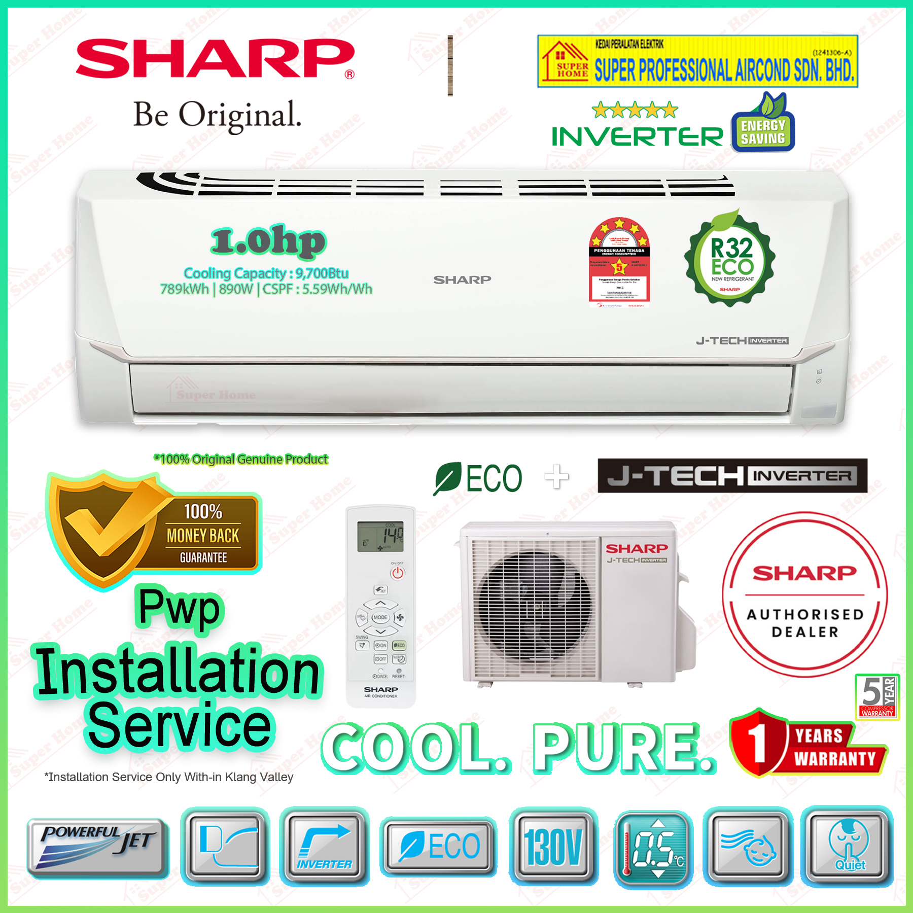 Sharp J-Tech Inverter Air conditioner 1.0hp -2.5hp (Pwp Installation ...