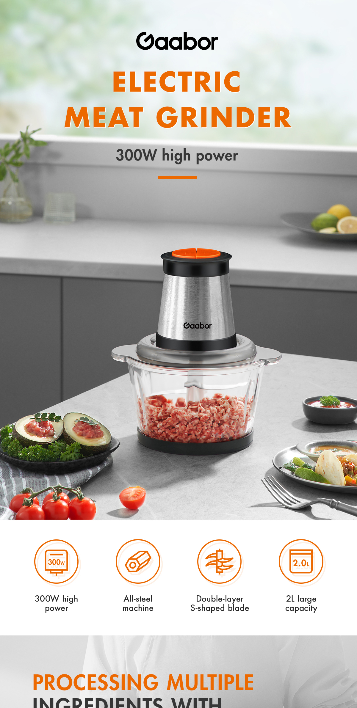 Gaabor Kitchen Food Processor Machine, Food Processor Meat Grinder