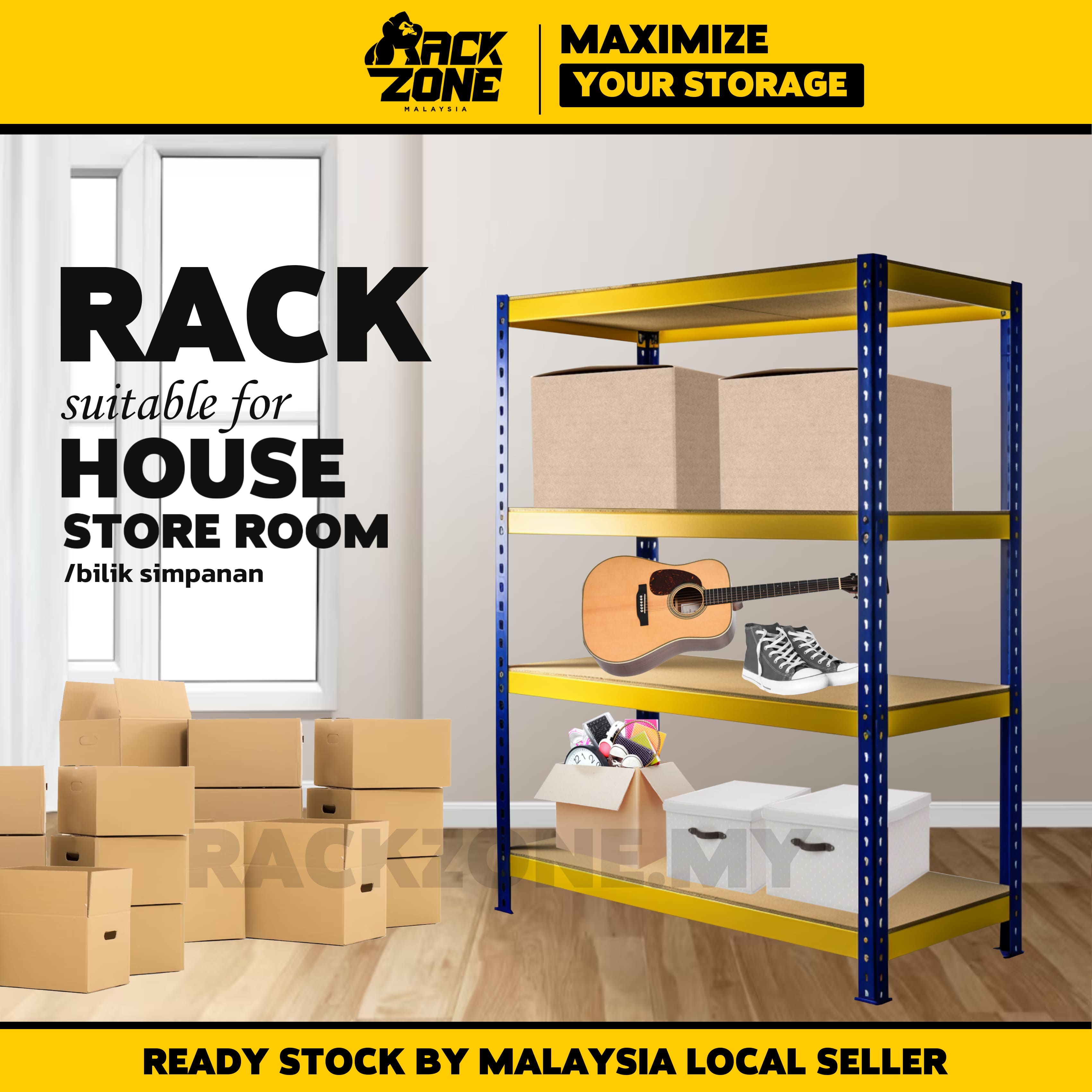 RACKZONE Yellow Blue 4 Level Storage Boltless Rack Heavy Duty Rak Besi ...