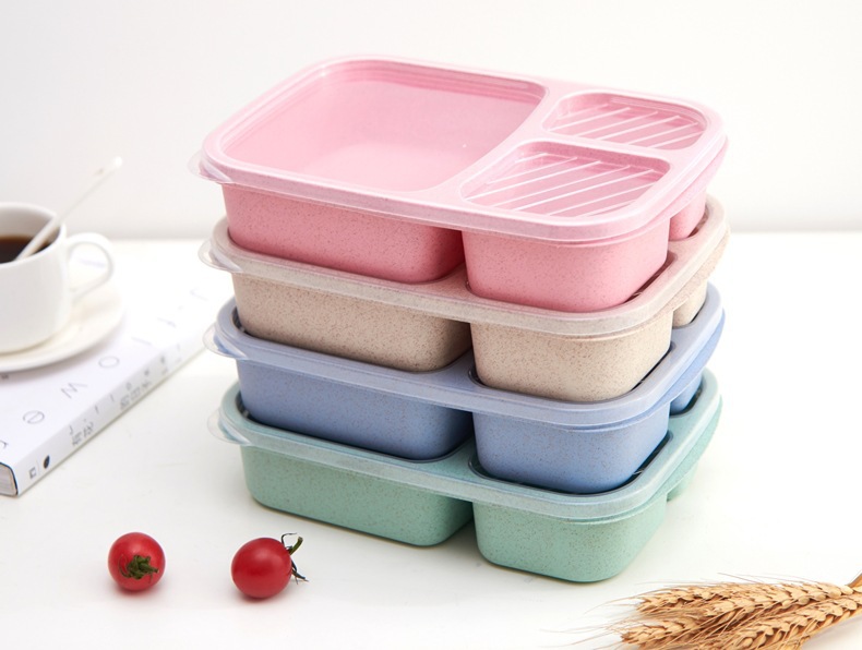 SayYes 3 Grid Wheat Straw Rectangle Lunch Box Tupperware Food Grade ...